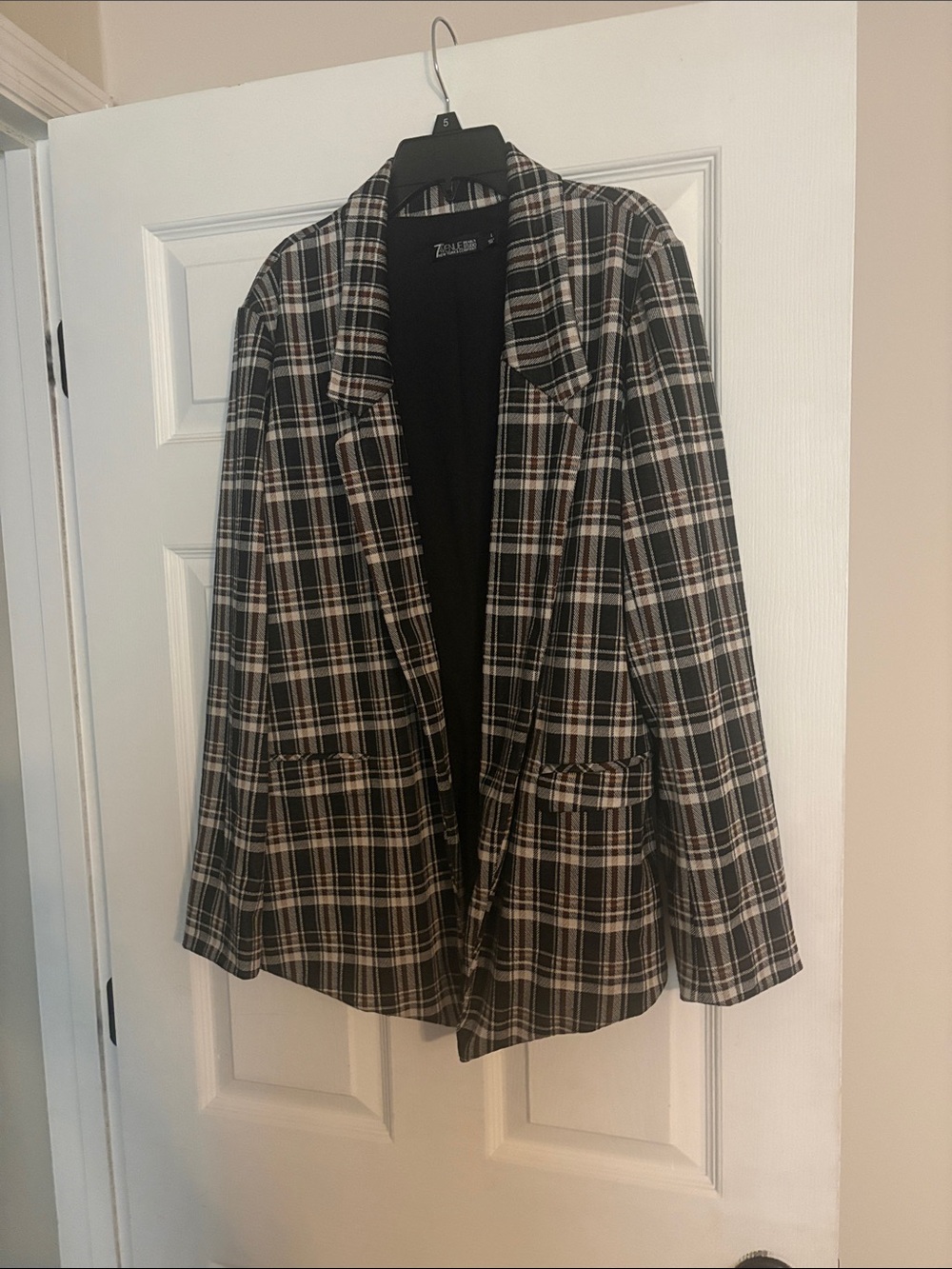 Black and Cream Plaid Open-Front Blazer